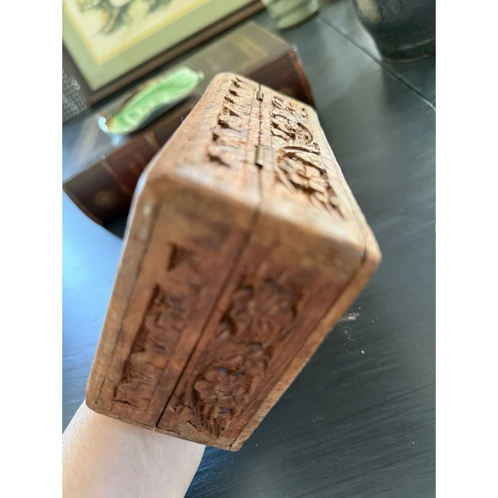 Beautifully carved wood‎ box intricate design inlay.  Maybe Indian Made. 6x4